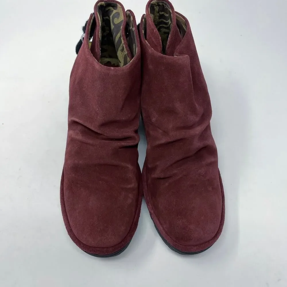 Fly London Women's NEW Yebi Wine Suede Ruched Ankle Booties EU 36 US 5.5 Wedge